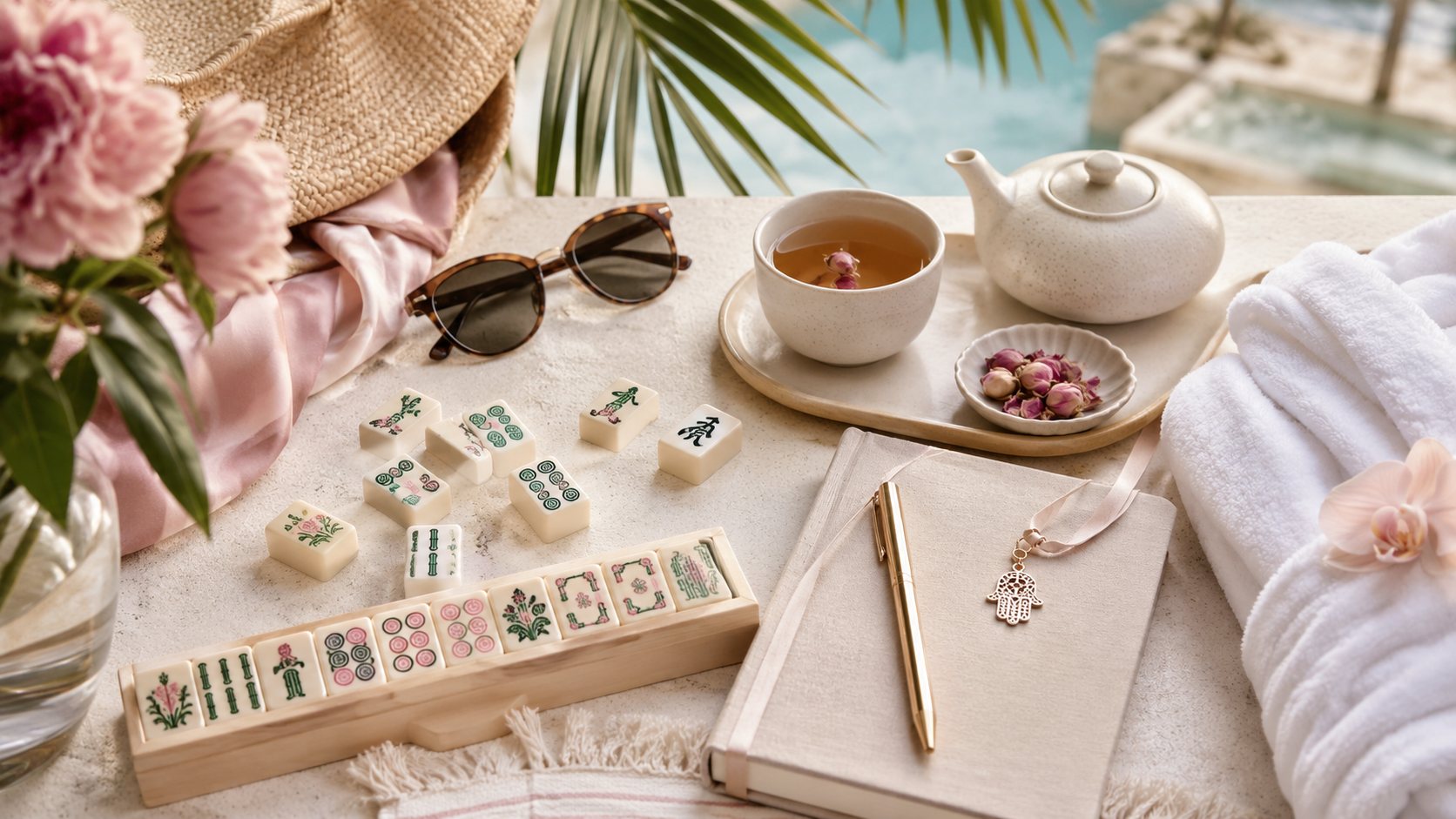 Mahjong tiles and tea in a serene resort setting