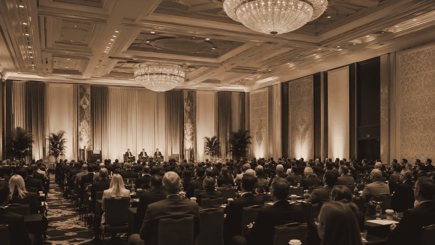 Large corporate general session in an elegant luxury hotel ballroom