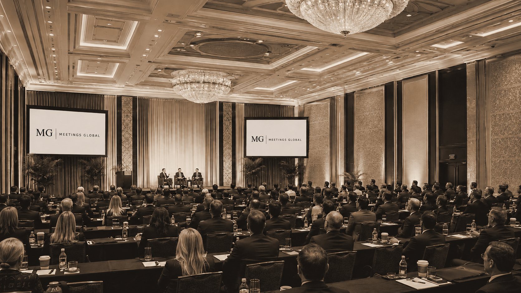Large corporate general session in an elegant luxury hotel ballroom with the Meetings Global logo displayed on the projection screens