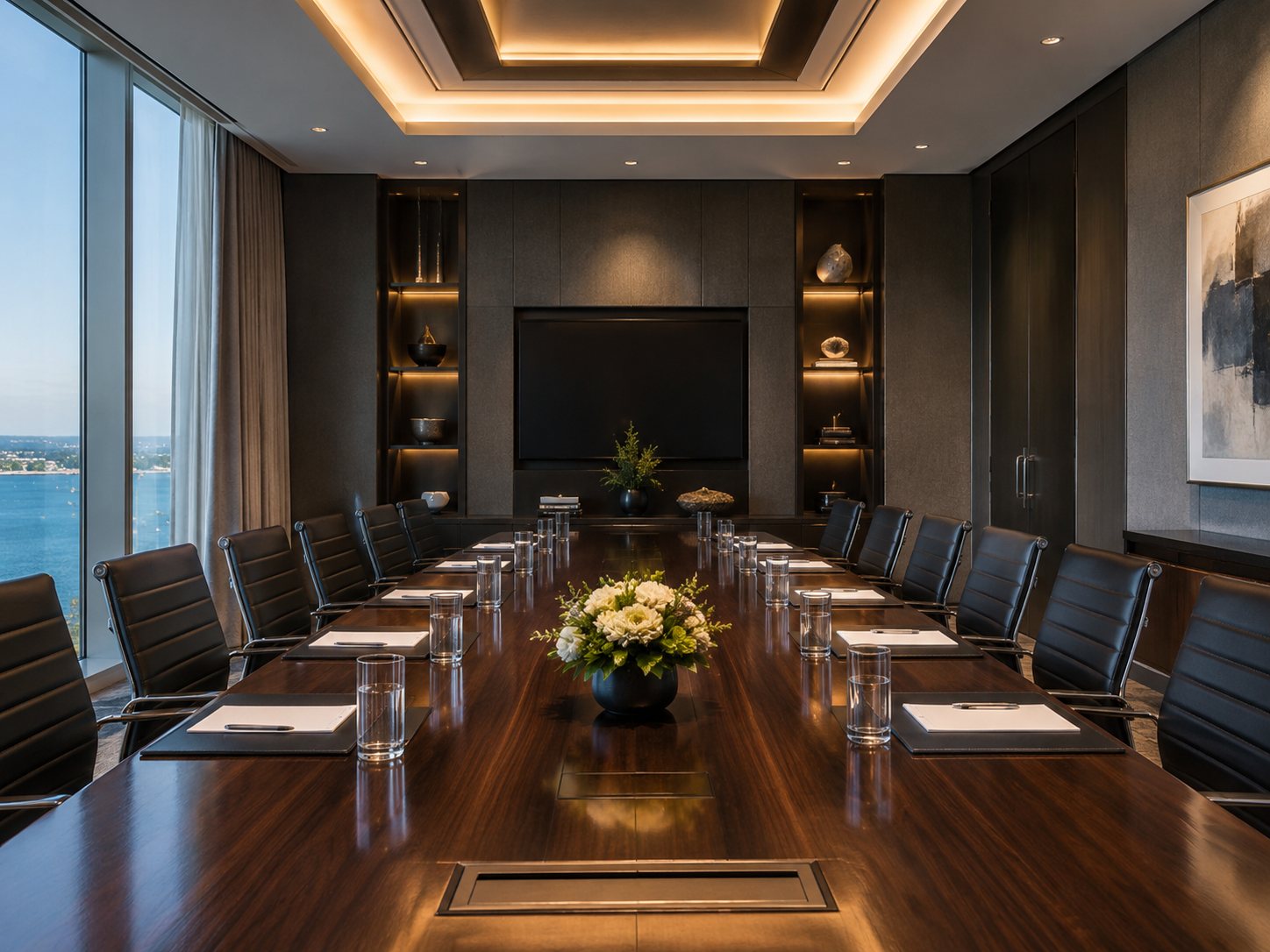 Executive boardroom with harbor view